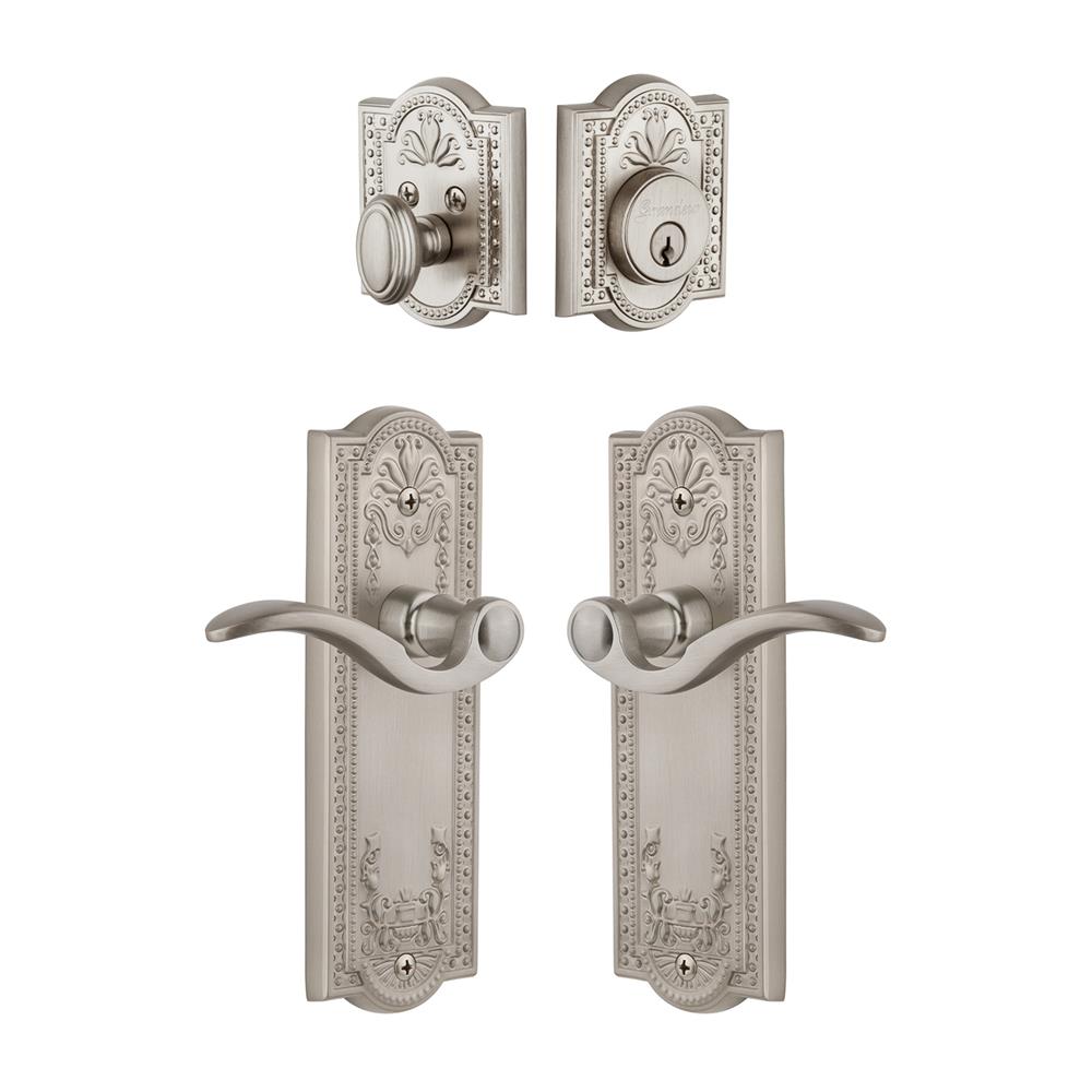 Grandeur by Nostalgic Warehouse Single Cylinder Combo Pack Keyed Differently - Parthenon Plate with Bellagio Lever and Matching Deadbolt in Satin Nickel